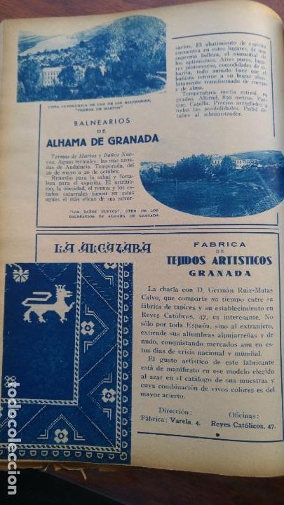 Colecionismo de Revistas e Jornais: BALNEARIOS DE ALHMA DE GRANADA NUEVOS MARTOS / FABRICA TEJIDOS ARTISTICOS -LA ALCAZABA- HOJA 1933