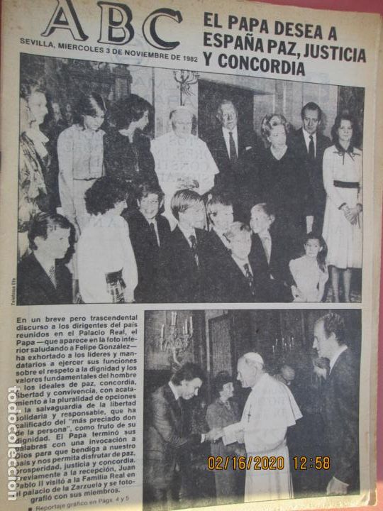 Coleccionismo de Revistas y Peri&oacute;dicos: ABC - SEVILLA - MIERCOLES 3 NOVIEMBRE 1982 -  EL PAPA DESEA A ESPA&Ntilde;A PAZ, JUSTICIA Y CONCORDIA .....