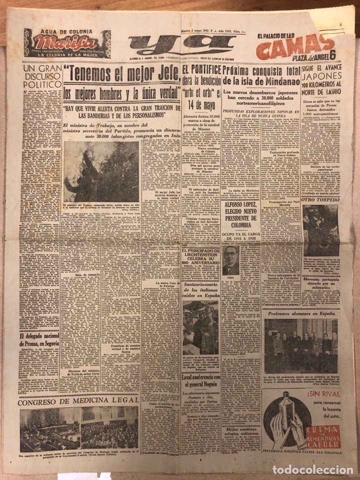 Coleccionismo de revistas y peri&oacute;dicos: YA. ANTIGUO PERI&Oacute;DICO DE MAYO DE 1942.