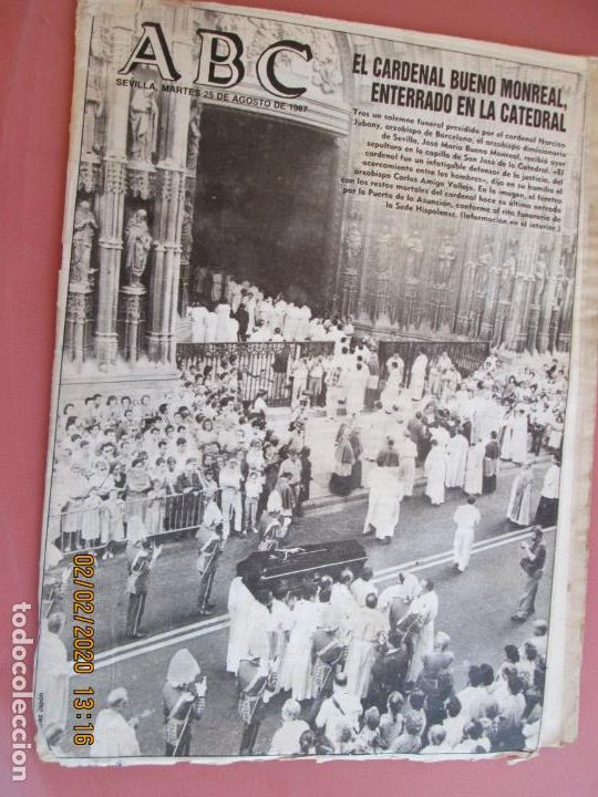 Coleccionismo de Revistas y Peri&oacute;dicos: ABC SEVILLA - AGOSTO 1987 - EL CARDENAL BUENO MONREAL, ENTERRADO EN LA CATEDRAL ...
