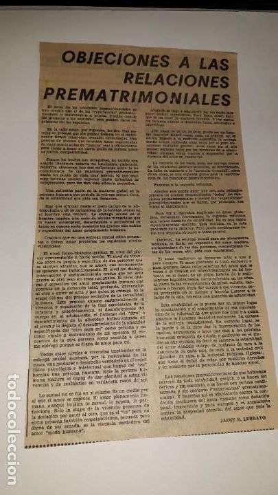 Coleccionismo de revistas y peri&oacute;dicos: RECORTE NOTICIA PERI&Oacute;DICO MURCIA LA VERDAD OBJECIONES RELACIONES PREMATRIMONIALES LEBRATO FOTO CHINA