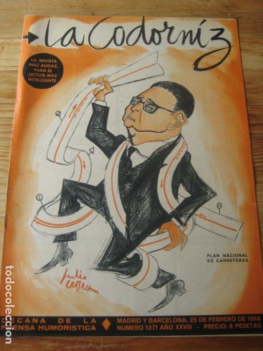 Coleccionismo de Revistas y Peri&oacute;dicos: REVISTA LA CODORNIZ N&ordm; 1371 - 25 FEBRERO 1968 - PORTADA JULIO CEBRIAN  - HUMOR - PLAN CARRETERAS