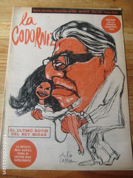 Coleccionismo de Revistas y Peri&oacute;dicos: REVISTA LA CODORNIZ N&ordm; 1407 - 3 NOVIEMBRE 1968 - PORTADA CEBRIAN - HUMOR -
