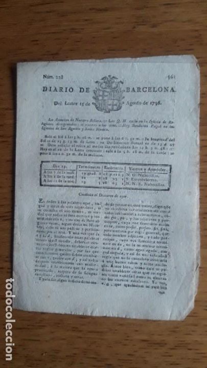 Coleccionismo de Revistas y Peri&oacute;dicos: DIARIO DE BARCELONA N&ordm; 228 / LUNES 15 DE AGOSTO DE 1796 / ORIGINAL &Eacute;POCA / PAPEL DE HILO