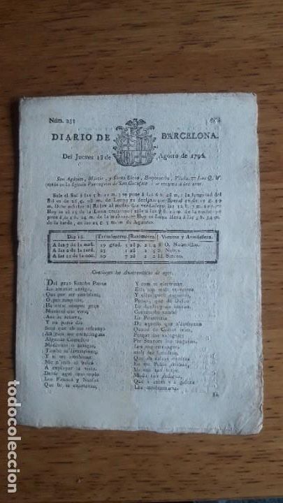 Coleccionismo de Revistas y Peri&oacute;dicos: DIARIO DE BARCELONA N&ordm; 231 / JUEVES 18 DE AGOSTO DE 1796 / ORIGINAL &Eacute;POCA / PAPEL DE HILO