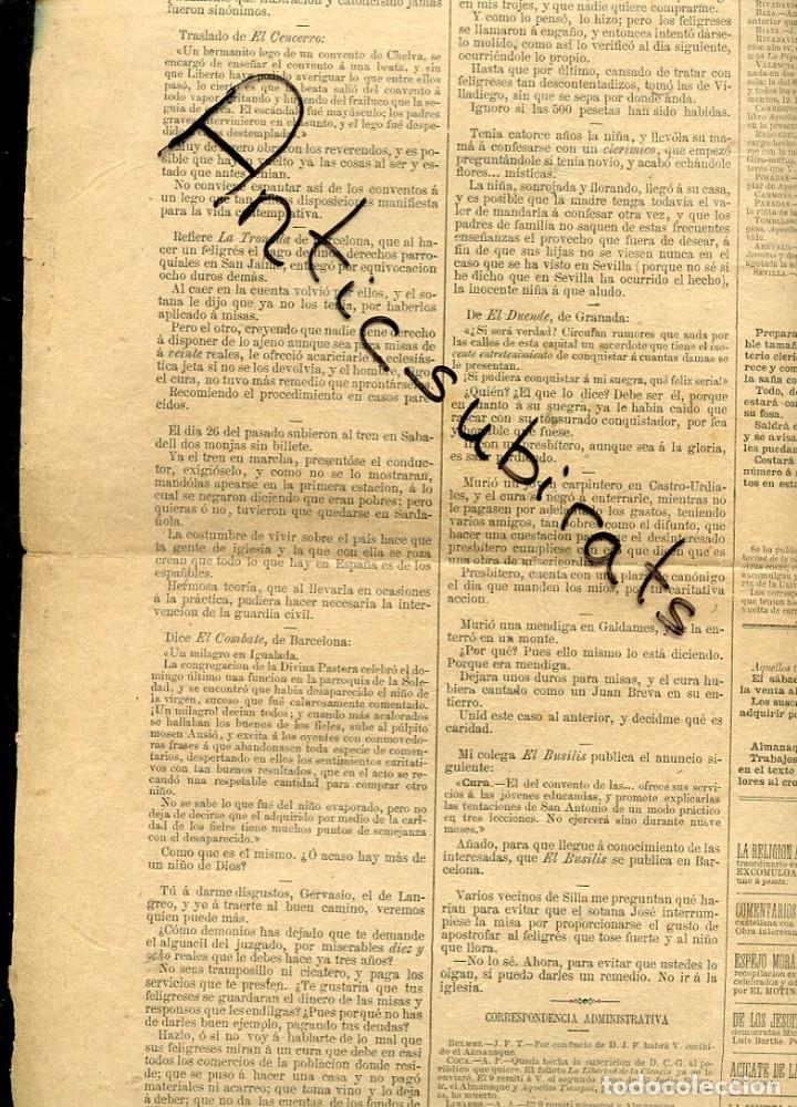 Coleccionismo de Revistas y Peri&oacute;dicos: PERIODICO A&Ntilde;O 1885 MILAGRO EN IGUALADA LANGREO CASTRO URDIALES SACERDOTE GRANADA CONQUISTADOR