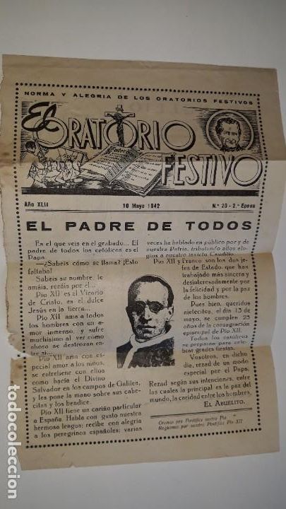 Collezionismo di Riviste e Giornali: RECORTE PUBLICIDAD PRENSA RELIGIOSA 10 MAYO 1942 NORMA ALEGR&Iacute;A ORATORIO FESTIVO PADRE PAPA P&Iacute;O XII