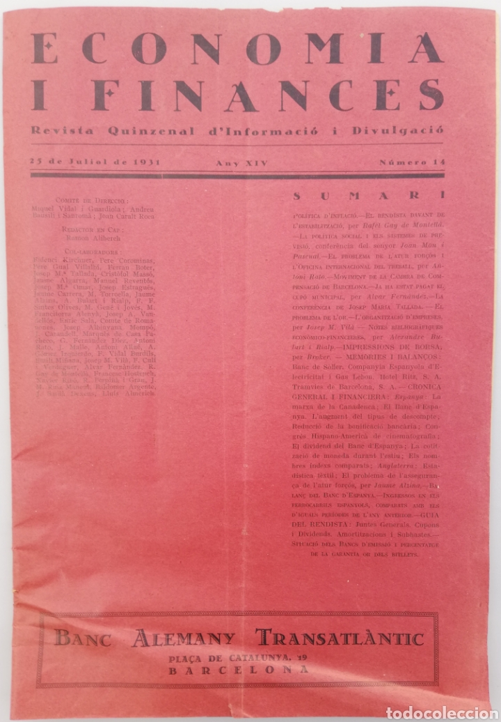 Collezionismo di Riviste e Giornali: ECONOMIA I FINANCES - 25 de juliol de 1931 - Any XIV - N&uacute;mero 14 - BARCELONA - EN CATAL&Aacute;N