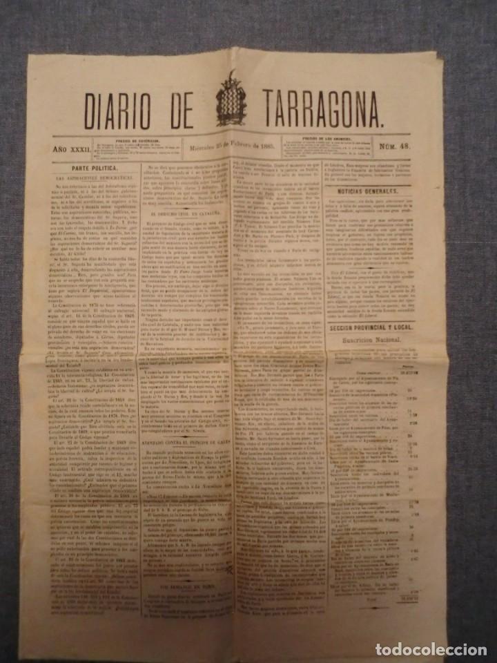 Coleccionismo de revistas y peri&oacute;dicos: DIARIO DE TARRAGONA 25 DE FEBRERO DE 1885    NUM.48