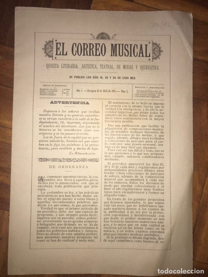 Coleccionismo de revistas y peri&oacute;dicos: EL CORREO MUSICAL. ZARAGOZA N.1. 10 DE ABRIL DE 1888.
