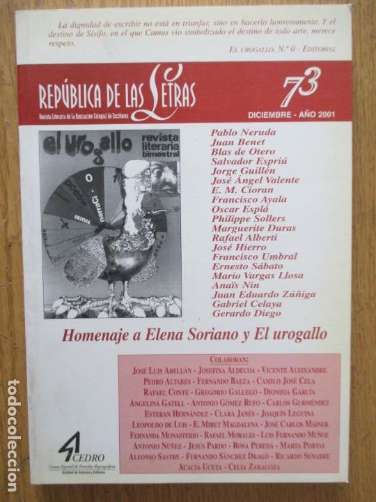 Coleccionismo de Revistas y Peri&oacute;dicos: REP&Uacute;BLICA DE LAS LETRAS. 73. A&Ntilde;O 2001. DICIEMBRE. REVISTA LITERARIA. ELENA SORIANO Y EL UROGALLO
