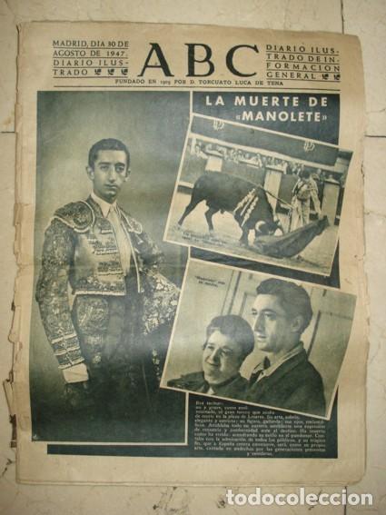 Coleccionismo de revistas y peri&oacute;dicos: ARC-41 BULLFIGHT BULLFIGHTING 30-8-1947 DEATH OF MANOLETE ULTRA RARE VINTAGE SPANISH NEWSPAPER