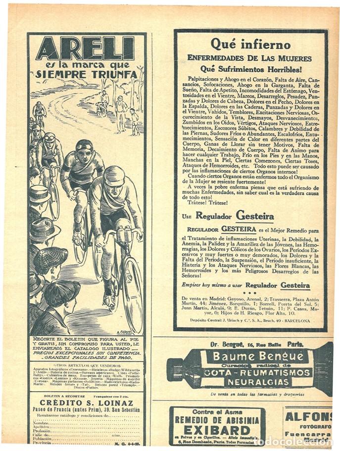 Coleccionismo de Revistas y Peri&oacute;dicos: 1928 HOJA REVISTA PUBLICIDAD ANUNCIO DE PRENSA CICLISMO BICICLETA DE CARRERAS MARCA ARELI
