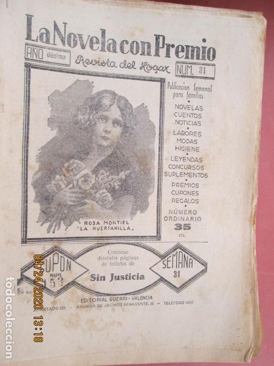 Coleccionismo de Revistas y Peri&oacute;dicos: LA NOVELA CON PREMIO, &iexcl;SIN JUSTICIA!, REVISTA DEL HOGAR A&Ntilde;O DECIMO CUPON 153 N&ordm; 31 -SEMANA-31- 1933?