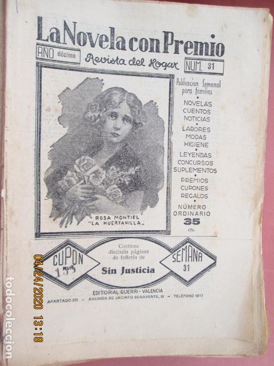 Coleccionismo de Revistas y Peri&oacute;dicos: LA NOVELA CON PREMIO, &iexcl;SIN JUSTICIA!, REVISTA DEL HOGAR A&Ntilde;O DECIMO CUPON 155 N&ordm; 31 -SEMANA-31- 1933?