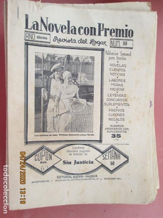 Coleccionismo de Revistas y Peri&oacute;dicos: LA NOVELA CON PREMIO, &iexcl;SIN JUSTICIA!, REVISTA DEL HOGAR A&Ntilde;O DECIMO CUPON 62 N&ordm; 50 -SEMANA-50- 1933?