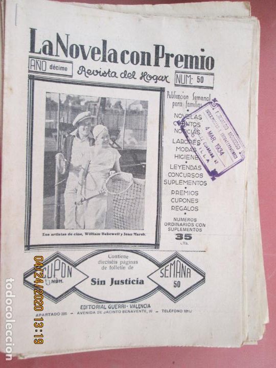 Coleccionismo de Revistas y Peri&oacute;dicos: LA NOVELA CON PREMIO, &iexcl;SIN JUSTICIA!, REVISTA DEL HOGAR A&Ntilde;O DECIMO CUPON 62 N&ordm; 50 -SEMANA-50-