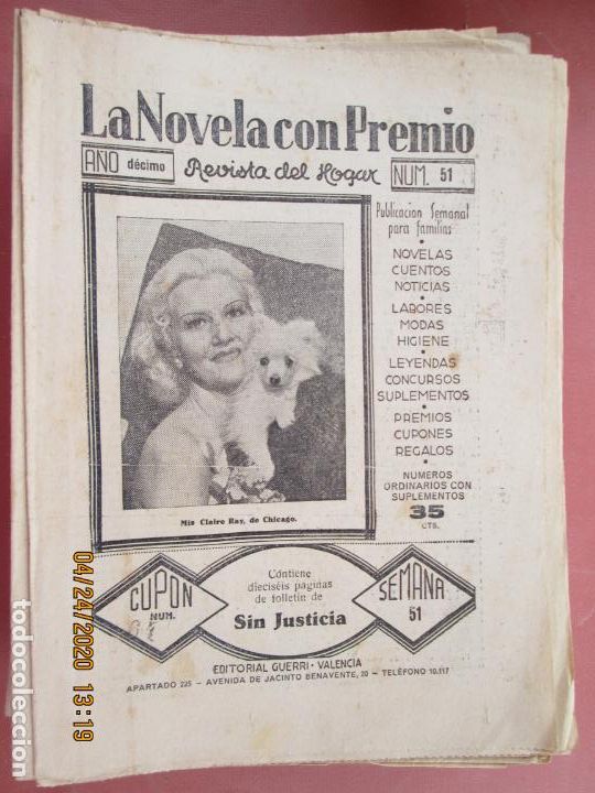 Coleccionismo de Revistas y Peri&oacute;dicos: LA NOVELA CON PREMIO, &iexcl;SIN JUSTICIA!, REVISTA DEL HOGAR A&Ntilde;O DECIMO CUPON 67 N&ordm; 51 -SEMANA-51-