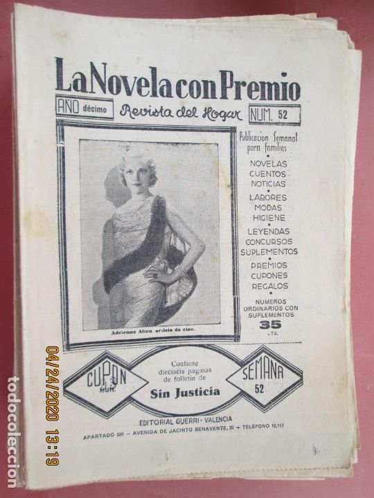 Coleccionismo de Revistas y Peri&oacute;dicos: LA NOVELA CON PREMIO, &iexcl;SIN JUSTICIA!, REVISTA DEL HOGAR A&Ntilde;O DECIMO CUPON 93 N&ordm; 52 -SEMANA-52-1933