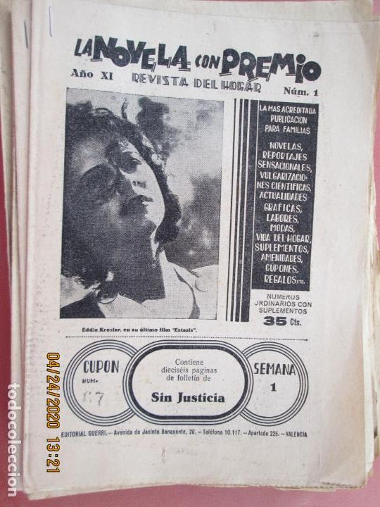Coleccionismo de Revistas y Peri&oacute;dicos: LA NOVELA CON PREMIO, &iexcl;SIN JUSTICIA!, REVISTA DEL HOGAR A&Ntilde;O XI CUPON 67 N&ordm; 1 SEMANA 1-1934?