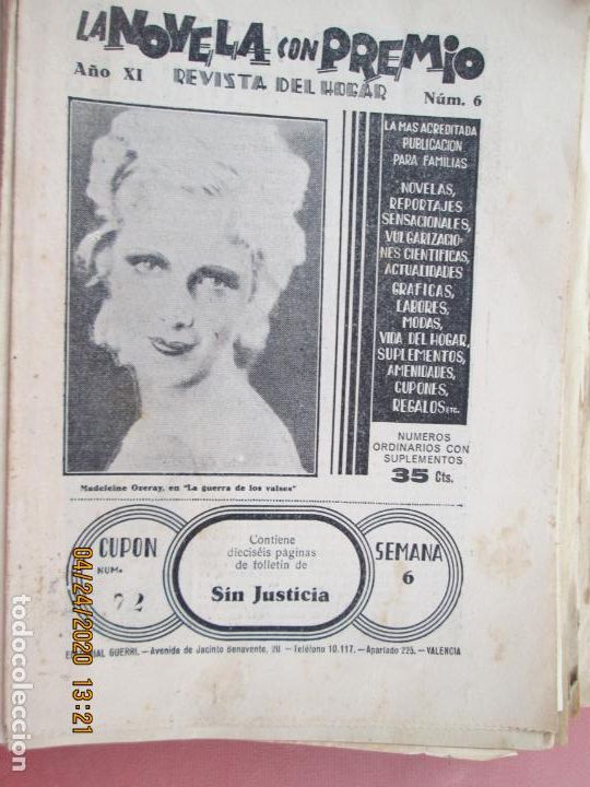 Coleccionismo de Revistas y Peri&oacute;dicos: LA NOVELA CON PREMIO, &iexcl;SIN JUSTICIA!, REVISTA DEL HOGAR A&Ntilde;O XI CUPON 72 N&ordm; 6 SEMANA 6-1934?