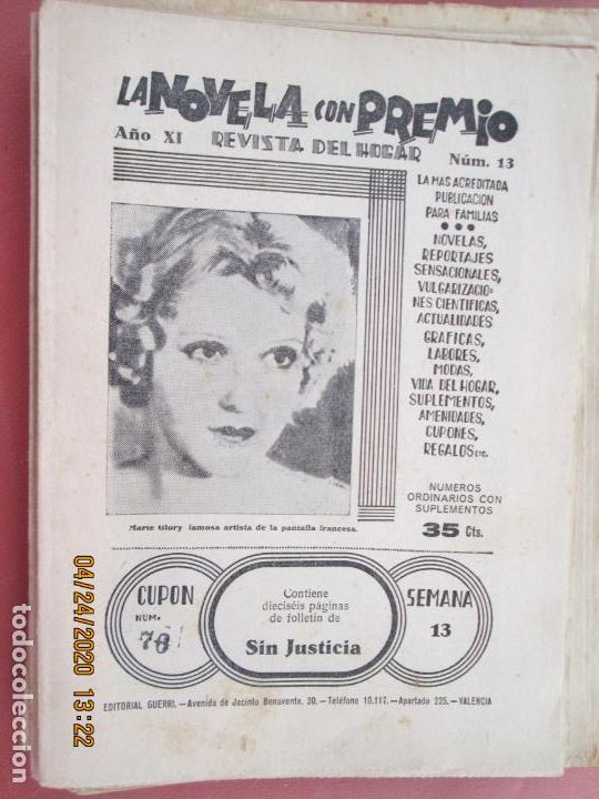 Coleccionismo de Revistas y Peri&oacute;dicos: LA NOVELA CON PREMIO, &iexcl;SIN JUSTICIA!, REVISTA DEL HOGAR A&Ntilde;O XI CUPON 76 N&ordm; 13 SEMANA 13-1934?