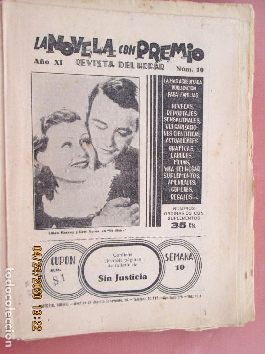 Coleccionismo de Revistas y Peri&oacute;dicos: LA NOVELA CON PREMIO, &iexcl;SIN JUSTICIA!, REVISTA DEL HOGAR A&Ntilde;O XI CUPON 71 N&ordm; 10 SEMANA 10-1934?