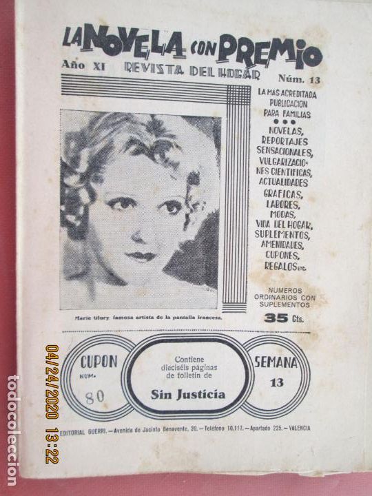 Coleccionismo de Revistas y Peri&oacute;dicos: LA NOVELA CON PREMIO, &iexcl;SIN JUSTICIA!, REVISTA DEL HOGAR A&Ntilde;O XI CUPON 80 N&ordm; 13 SEMANA 13-1934?