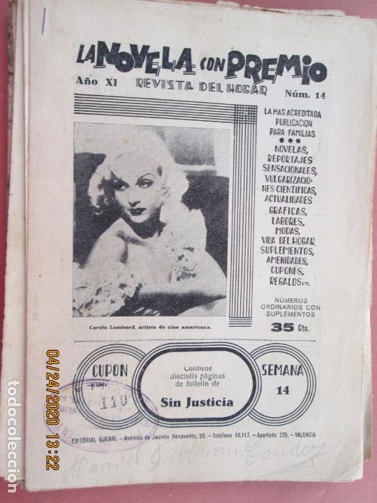 Coleccionismo de Revistas y Peri&oacute;dicos: LA NOVELA CON PREMIO, &iexcl;SIN JUSTICIA!, REVISTA DEL HOGAR A&Ntilde;O XI CUPON 110 N&ordm; 14 SEMANA 14-1934?