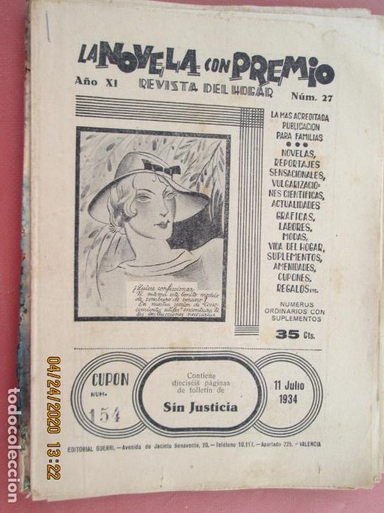 Coleccionismo de Revistas y Peri&oacute;dicos: LA NOVELA CON PREMIO, &iexcl;SIN JUSTICIA!, REVISTA DEL HOGAR A&Ntilde;O XI CUPON 154 N&ordm; 27 SEMANA 7-11-07-1934
