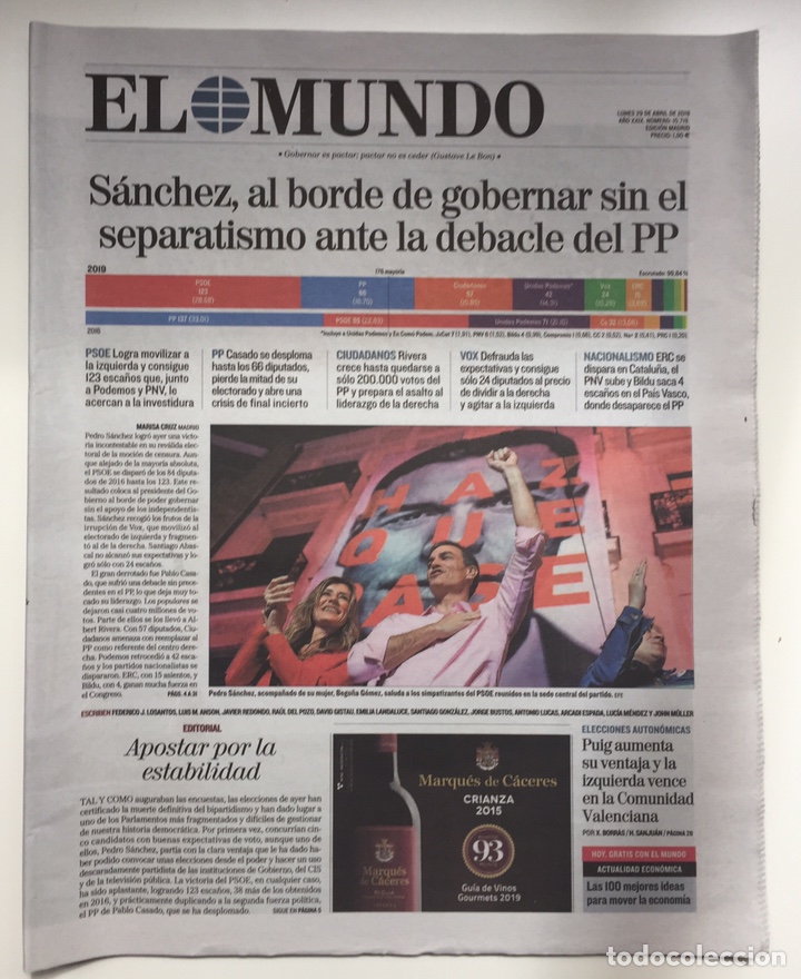 Collection Magazines and Newspapers: EL MUNDO-29 ABRIL 2019-/SANCHEZ,AL BORDE DE GOBERNAR SIN EL SEPARATISMO ANTE LA DEBACLE DEL PP/