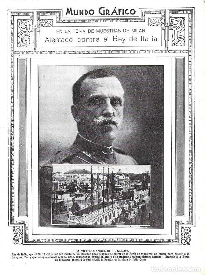 Coleccionismo de Revistas y Peri&oacute;dicos: 1912 HOJA REVISTA ITALIA MIL&Aacute;N FERIA DE MUESTRAS ATENTADO BOMBA REY VICTOR MANUEL III DE SABOYA