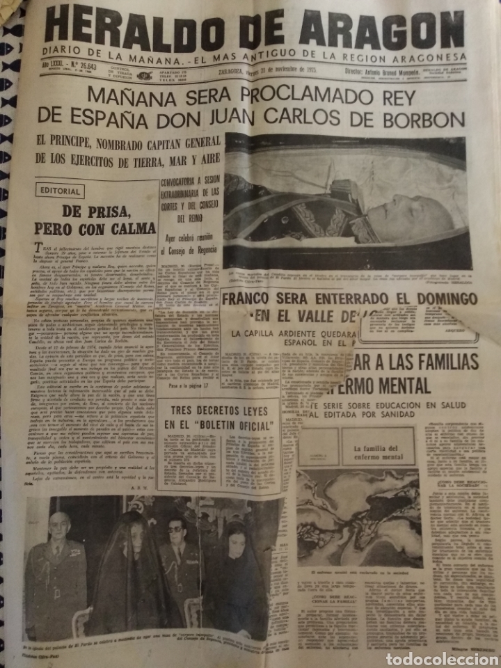 Coleccionismo de revistas y peri&oacute;dicos: HERALDO DE ARAG&Oacute;N 21NOVIEMBRE 1975. MUERTE FRANCO