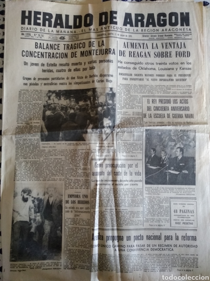 Collezionismo di Riviste e Giornali: HERALDO DE ARAG&Oacute;N 11 DE MAYO 1976 BALANCE TR&Aacute;GICO DE LA CONCENTRACI&Oacute;N DE MONTEJURRA