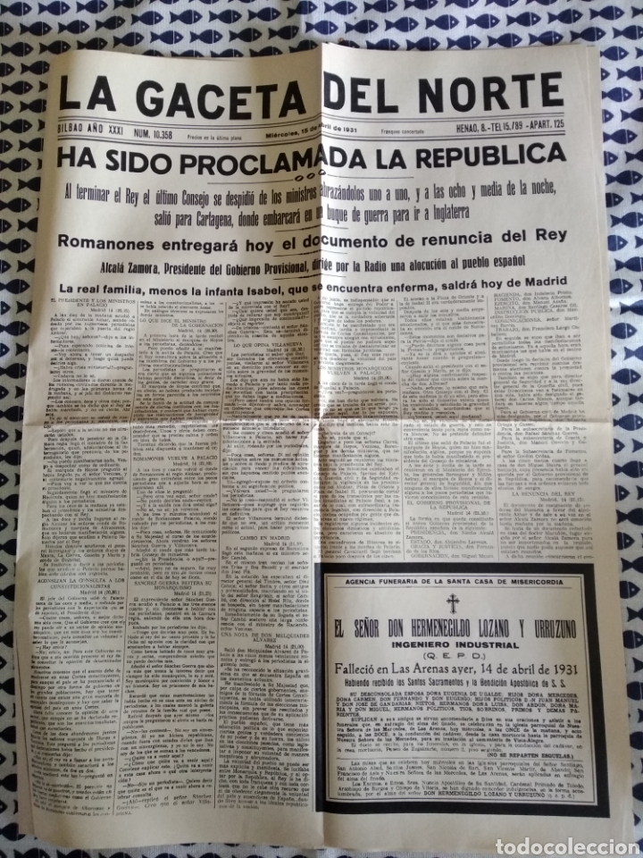 Coleccionismo de revistas y peri&oacute;dicos: LA GACETA DEL NORTE. HA SIDO PROCLAMADA LA REP&Uacute;BLICA. 15 ABR. 1931