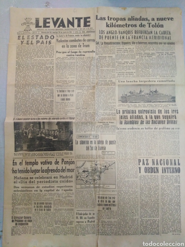 Collection Magazines and Newspapers: LEVANTE-PERIODICO,20 AGOSTO 1944,II GUERRA MUNDIAL,LAS TROPAS ALIADAS A 9 K DE TOLON,AUTORES DE ATEN