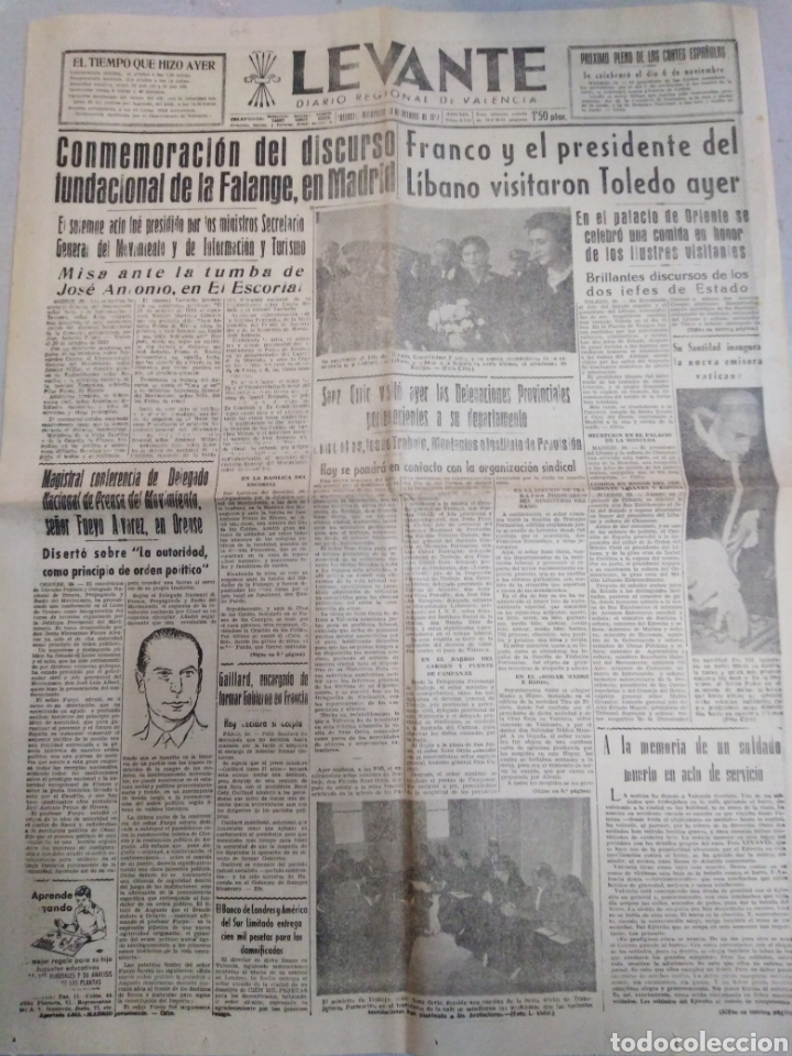Collection Magazines and Newspapers: LEVANTE-PERIODICO,30 OCTUBRE 1957,FRANCO Y EL PRESIDENTE DEL L&Iacute;BANO EN TOLEDO,