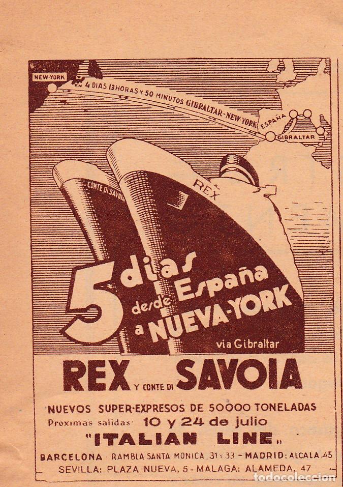 Collection Magazines and Newspapers: Publicidad l&iacute;neas de navegaci&oacute;n Italian Line, buques Rex y Conte di Savoia - 1936