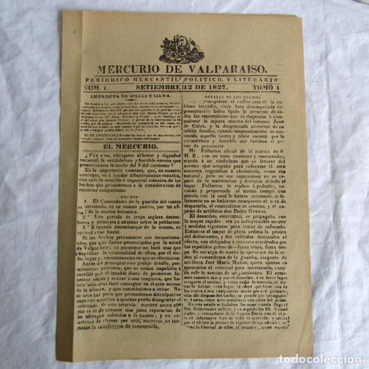 Colecionismo de Revistas e Jornais: Copia de El Mercurio de Valparaiso, n&ordm; 1, 12 de septiembre de 1827, hist&oacute;rico