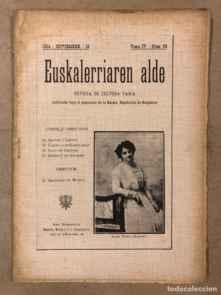 Coleccionismo de Revistas y Peri&oacute;dicos: EUSKALERRIAREN ALDE N&deg; 93 (NOVIEMBRE 1914). REVISTA DE CULTURA VASCA.