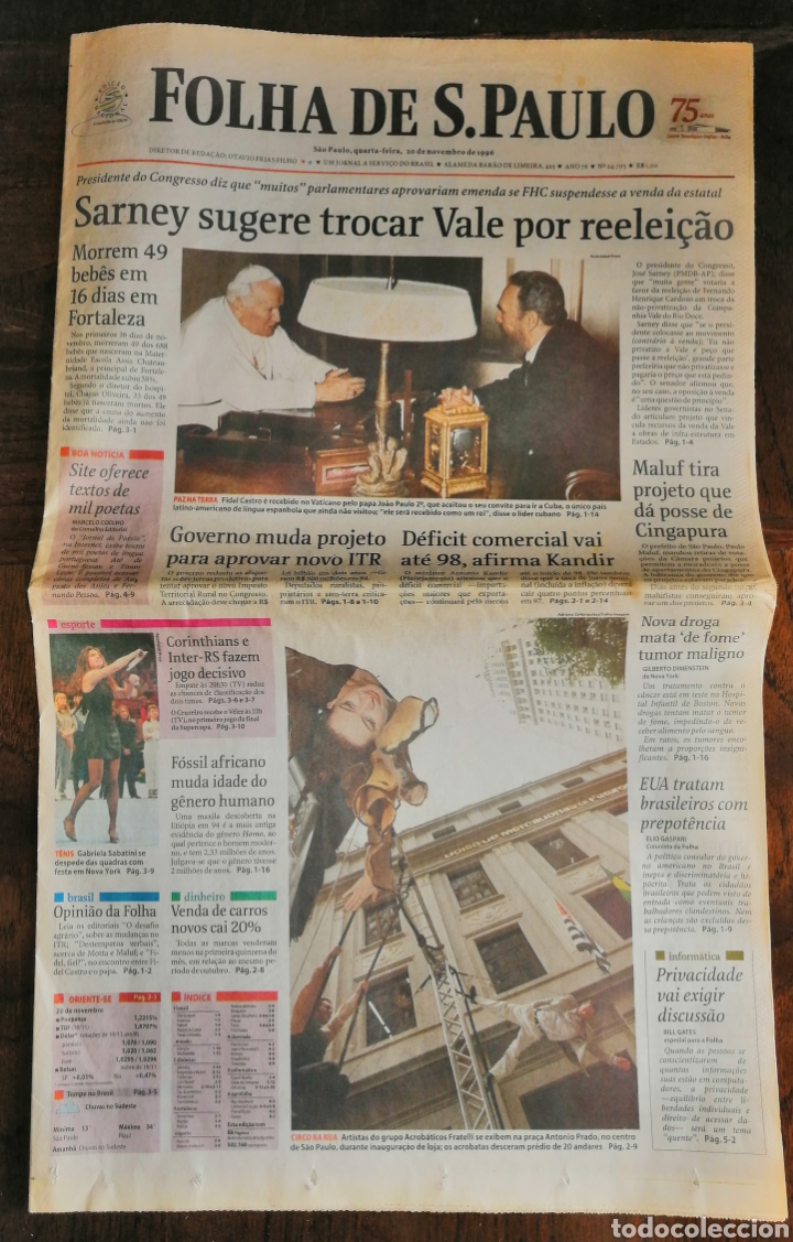 Coleccionismo de Revistas y Peri&oacute;dicos: FOLHA DE S. PAULO. BRASIL 1996. FIDEL CASTRO VISITA AL PAPA JUAN PABLO II. ENVIO INCLUIDO.