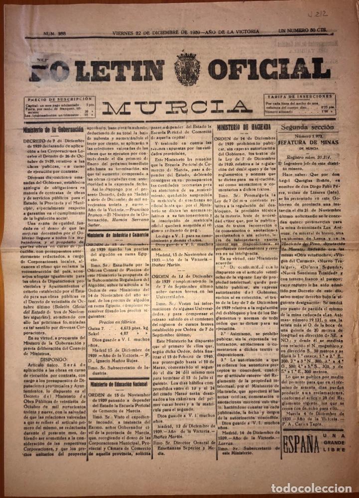 Coleccionismo de Revistas y Peri&oacute;dicos: MURCIA,- BOLETIN OFICIAL- POST GUERRA CIVIL 1939- SAN JAVIER- BULLAS- OJOS- BENIEL- LORCA