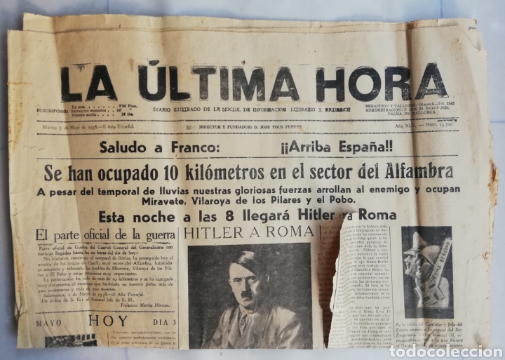 Coleccionismo de Revistas y Peri&oacute;dicos: LA &Uacute;LTIMA HORA - (MALLORCA) 3 MAYO 1938~II A&Ntilde;O TRIUNFAL - MIRAVETE VILAROYA POBO - 4 HOJAS - PJRB