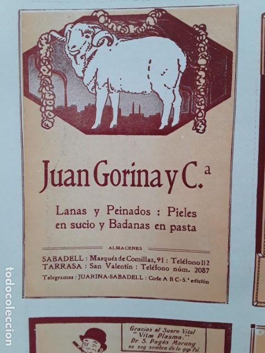 Collection Magazines and Newspapers: JUAN GORINA Y C&ordf; LANAS Y PEINADOS PIELES SUCIO BADANAS PASTA SABADELL TARRASA HOJA A&Ntilde;O 1920