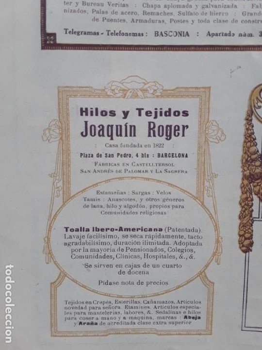 Collection Magazines and Newspapers: HILOS Y TEJIDOS JOAQUIN ROGER FABRICAS EN CASTELLTERSOL LA SAGRERA SAN ANDRES PALOMAR HOJA A&Ntilde;O 1920