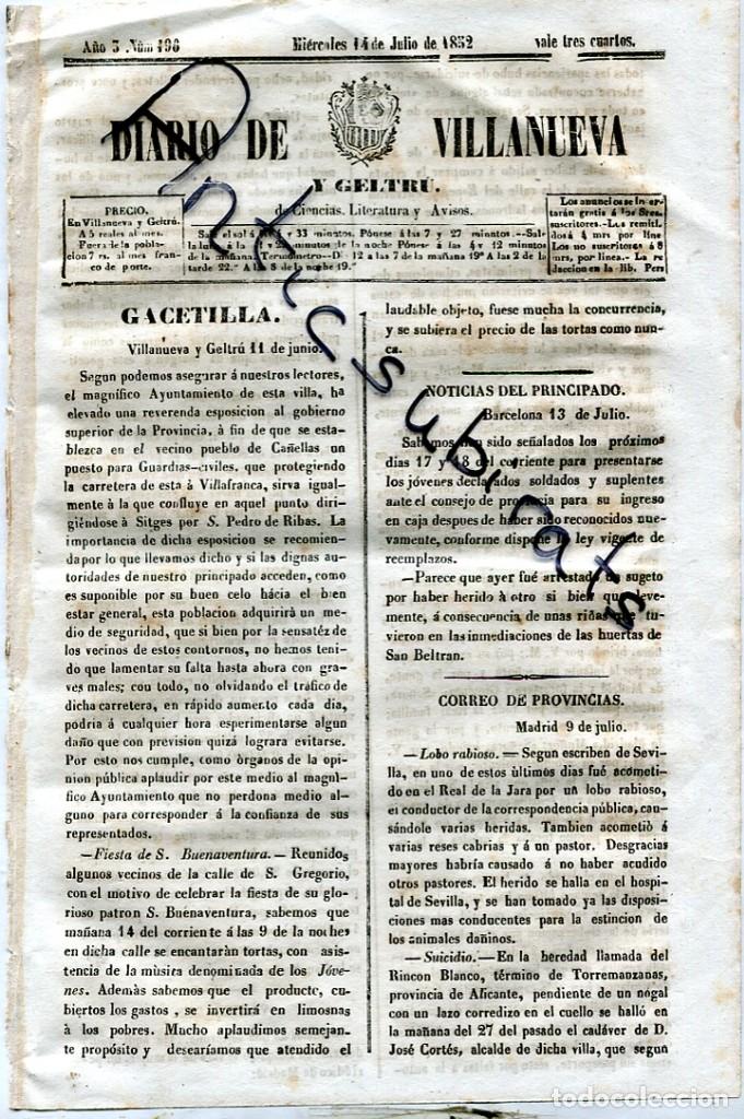 Sammeln von Zeitschriften und Zeitungen: DIARIO DE VILLANUEVA VILANOVA LA GELTRU A&Ntilde;O 1852 LOBO REAL DE LA JARA TORREMANZANAS DIAMANTE BAHIA