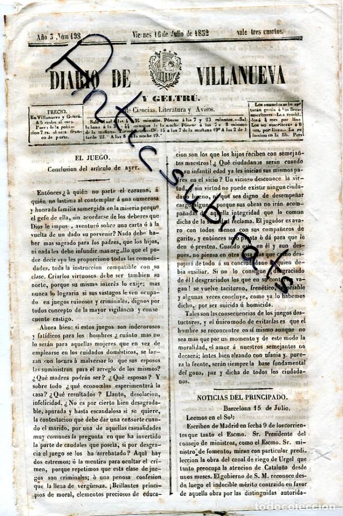 Coleccionismo de Revistas y Peri&oacute;dicos: DIARIO DE VILLANUEVA VILANOVA LA GELTRU A&Ntilde;O 1852 HISTORIA DEL JUEGO CANAL DE URGEL D' URGELL