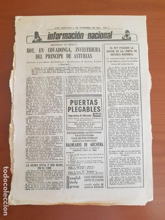 Coleccionismo de Revistas y Peri&oacute;dicos: ABC 1 de noviembre de 1977. Recortes relacionados con la investidura del Principe de Asturias