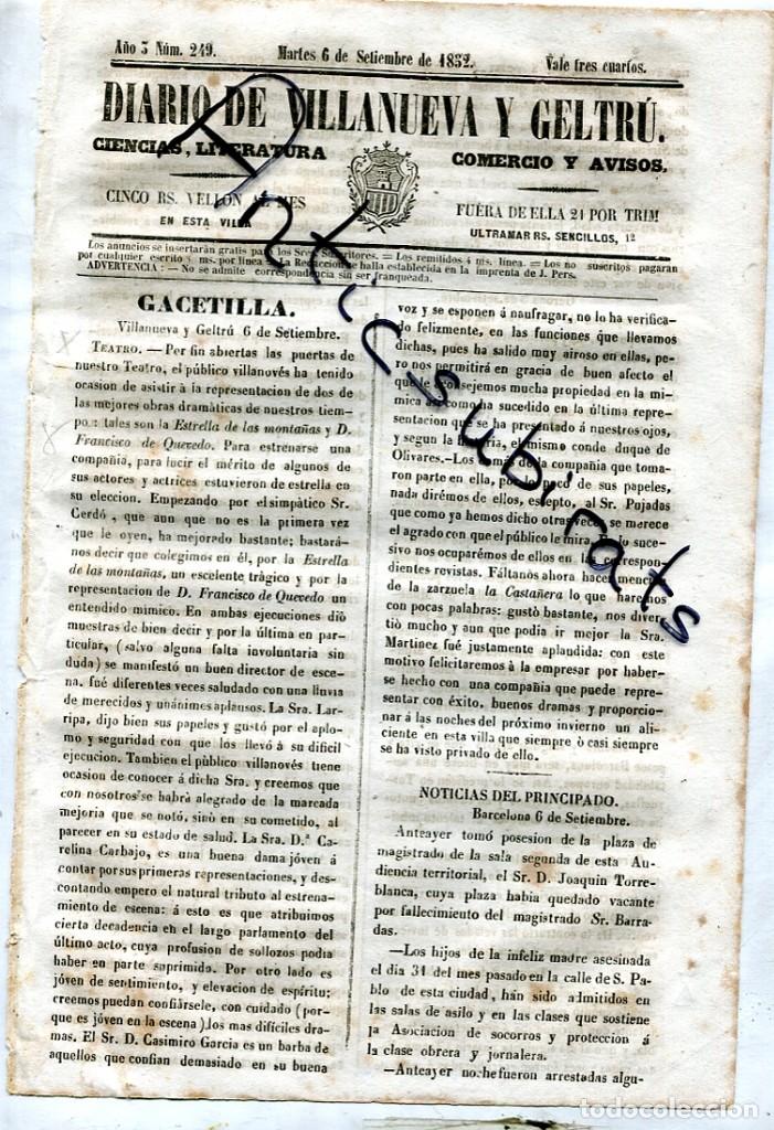 Coleccionismo de Revistas y Peri&oacute;dicos: DIARIO DE VILLANUEVA GELTRU A&Ntilde;O 1852 VILANOVA TEATRO DE FRANCISCO DE QUEVEDO EN VILANOVA TREMP