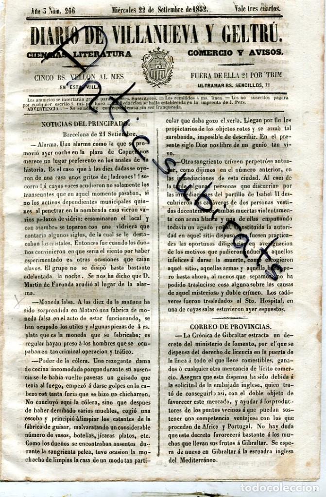 Sammeln von Zeitschriften und Zeitungen: DIARIO DE VILLANUEVA VILANOVA GELTRU A&Ntilde;O 1852 FABRICA DE MONEDA FALSA EN MATARO MUERTE DE WELLINGTON